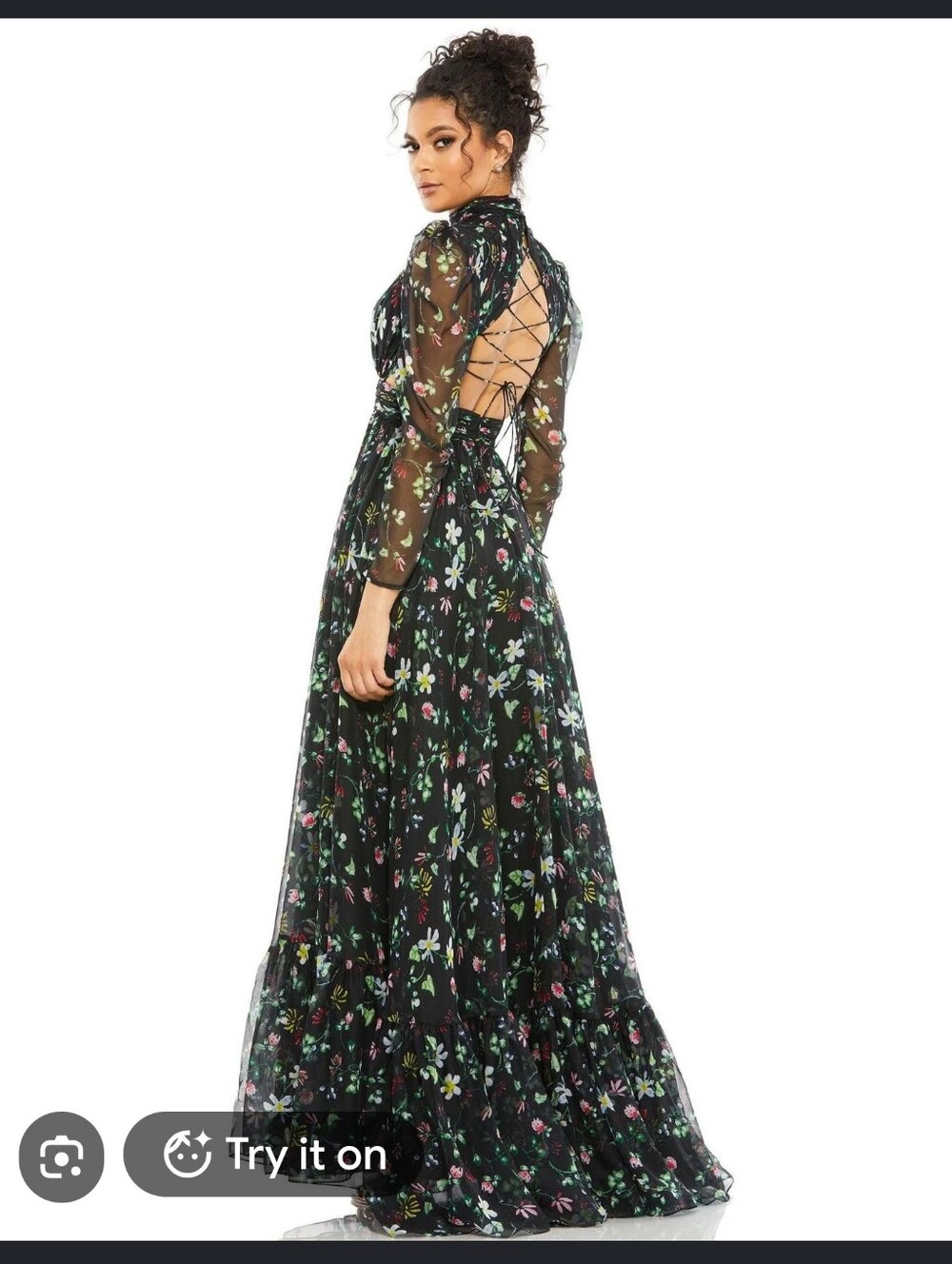 Mac Duggal Black Floral Long Sleeve Maxi with Keyhole 67942